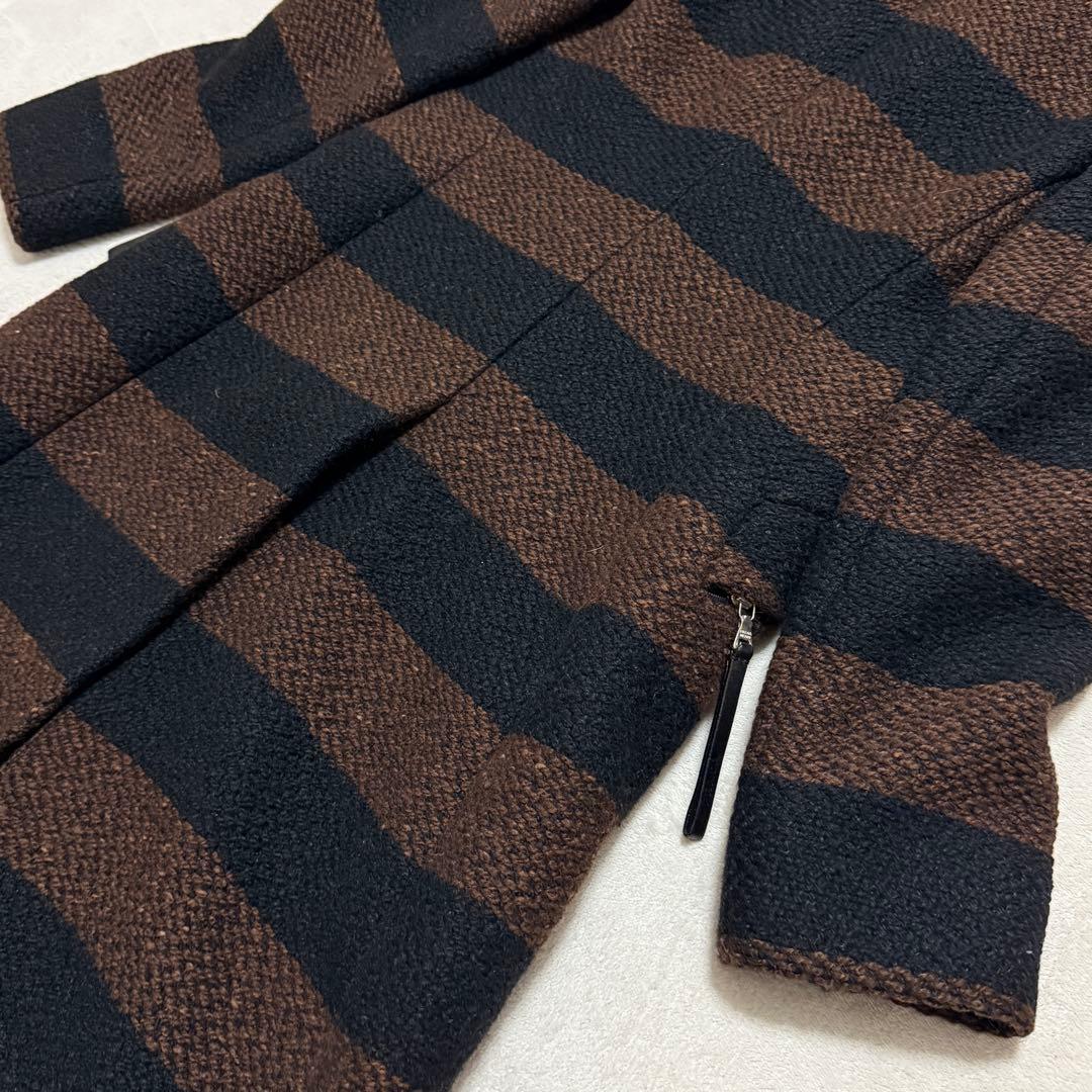 美品　プラダ　ロングコート　ツイード　茶　黒　ボーダー　Sサイズ相当　ボーダー