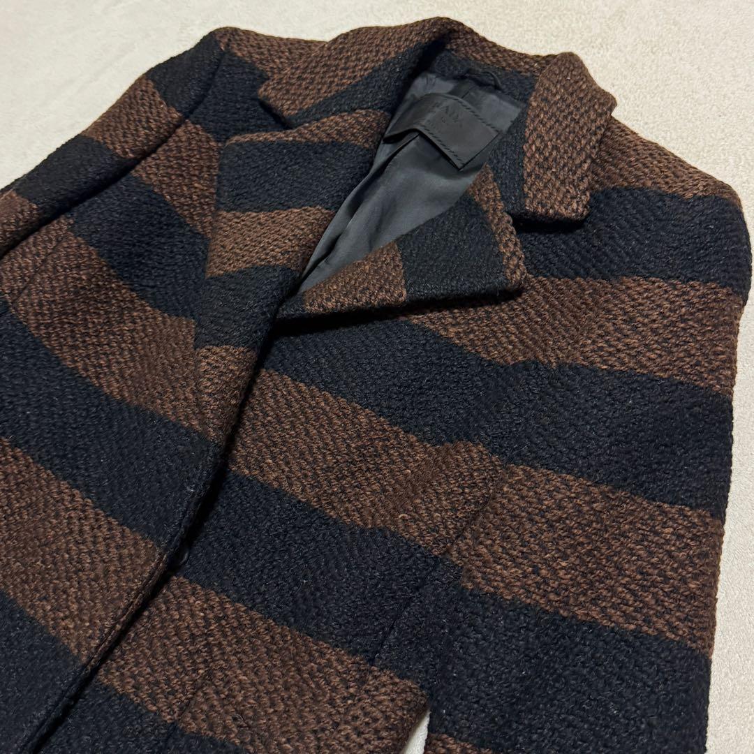 美品　プラダ　ロングコート　ツイード　茶　黒　ボーダー　Sサイズ相当　ボーダー