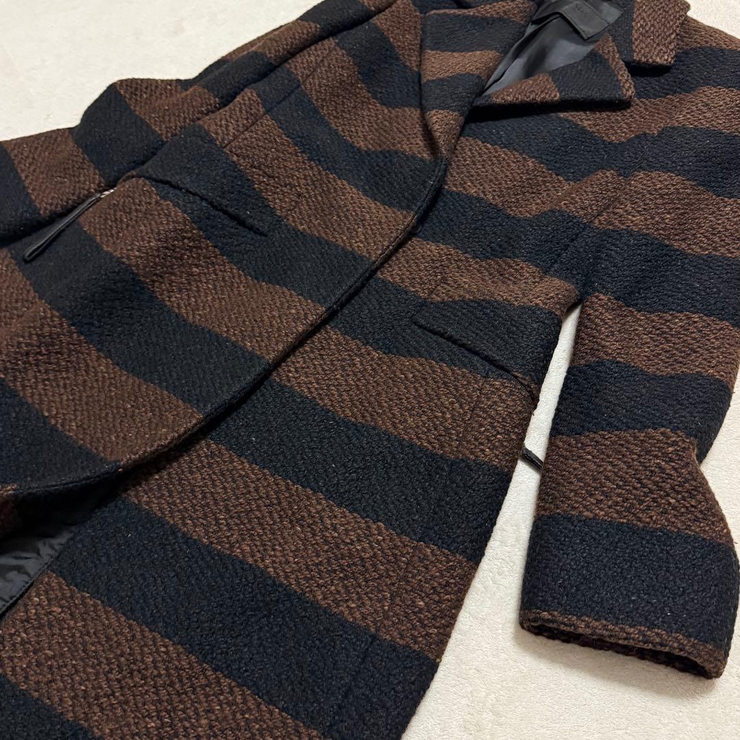 美品　プラダ　ロングコート　ツイード　茶　黒　ボーダー　Sサイズ相当　ボーダー