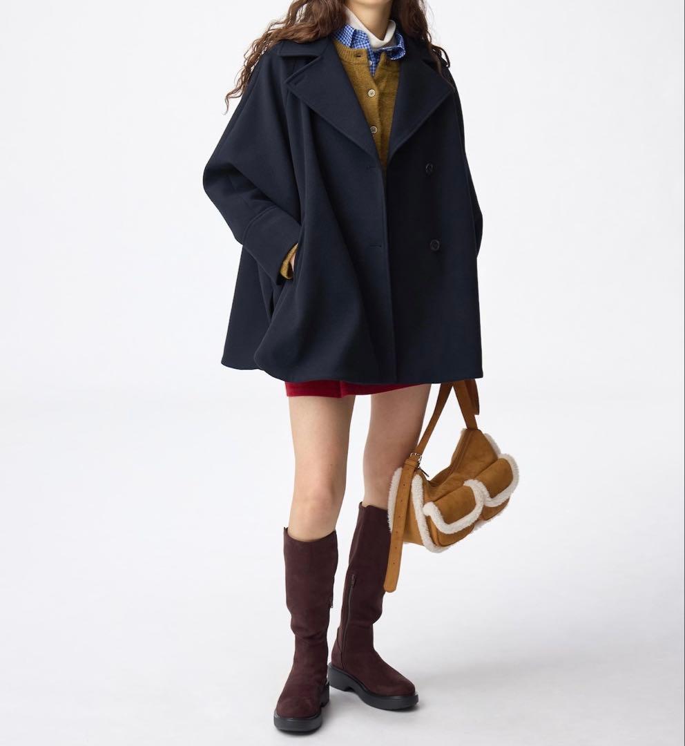 【新品】GU コージーメルトンケープコート M メルトン コート ケープ 紺
