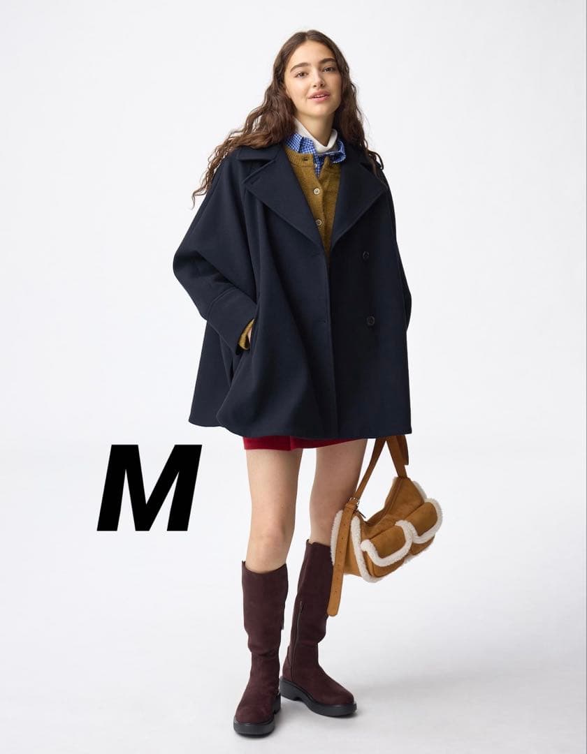 【新品】GU コージーメルトンケープコート M メルトン コート ケープ 紺