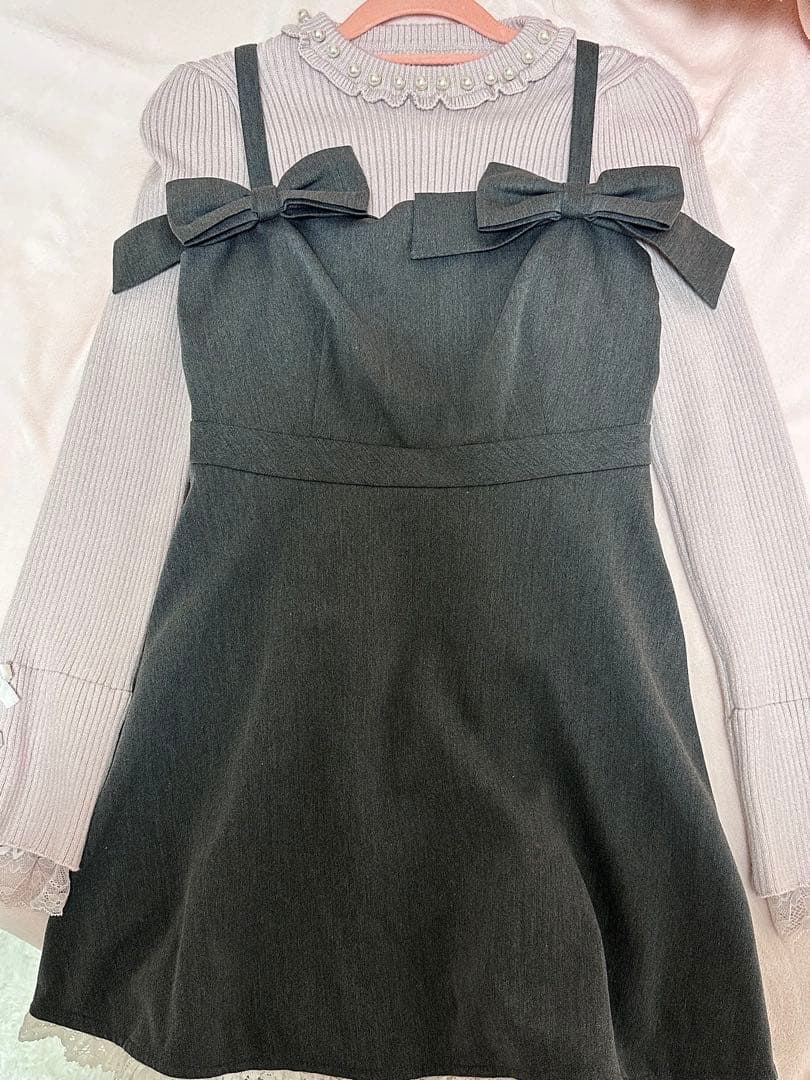 evelyn ビッグリボンキャミワンピース/袖リボンリブニット（セット）