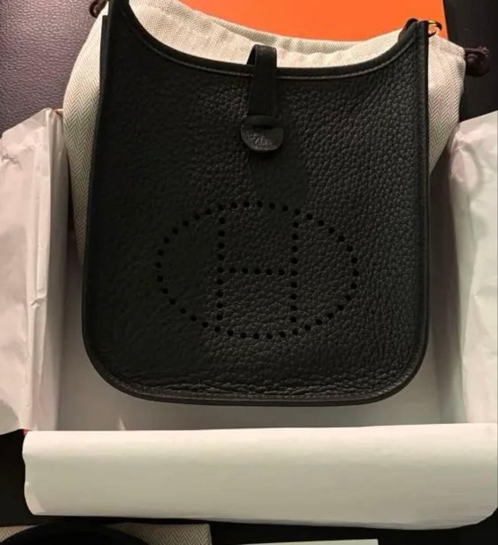 ミニエヴリンノワール黒× G金具ロングストラップ110cm HERMES