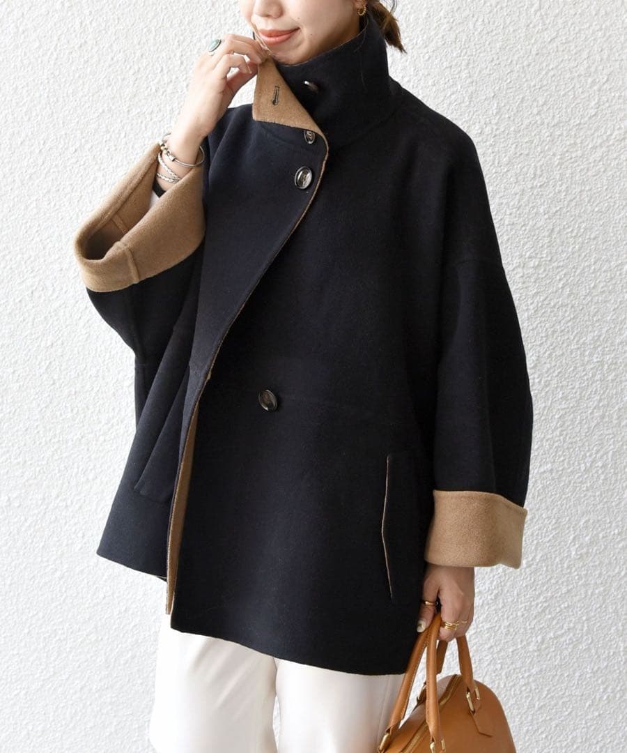 SHIPS any: リバー スタンドカラー ポンチョ ショート コート