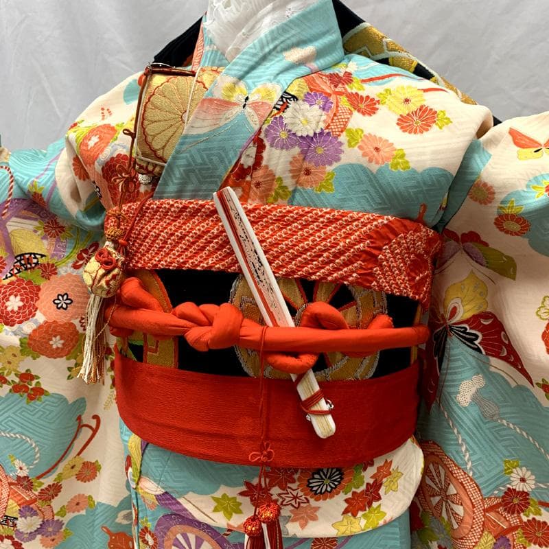 509ag32□七五三 七歳 女児 着物&袋帯 金彩 花車 水色白□状態良好