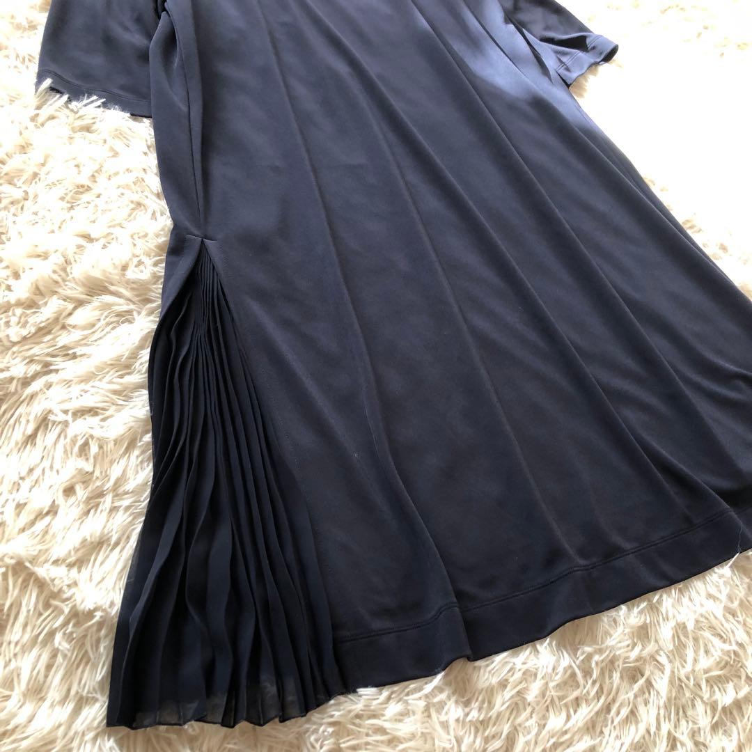 極美品✨レリアン【13+】七分袖サイドプリーツロングワンピース 近年ロゴ　紺