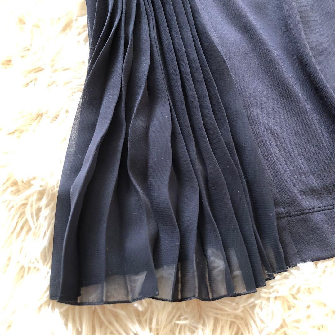 極美品✨レリアン【13+】七分袖サイドプリーツロングワンピース 近年ロゴ　紺