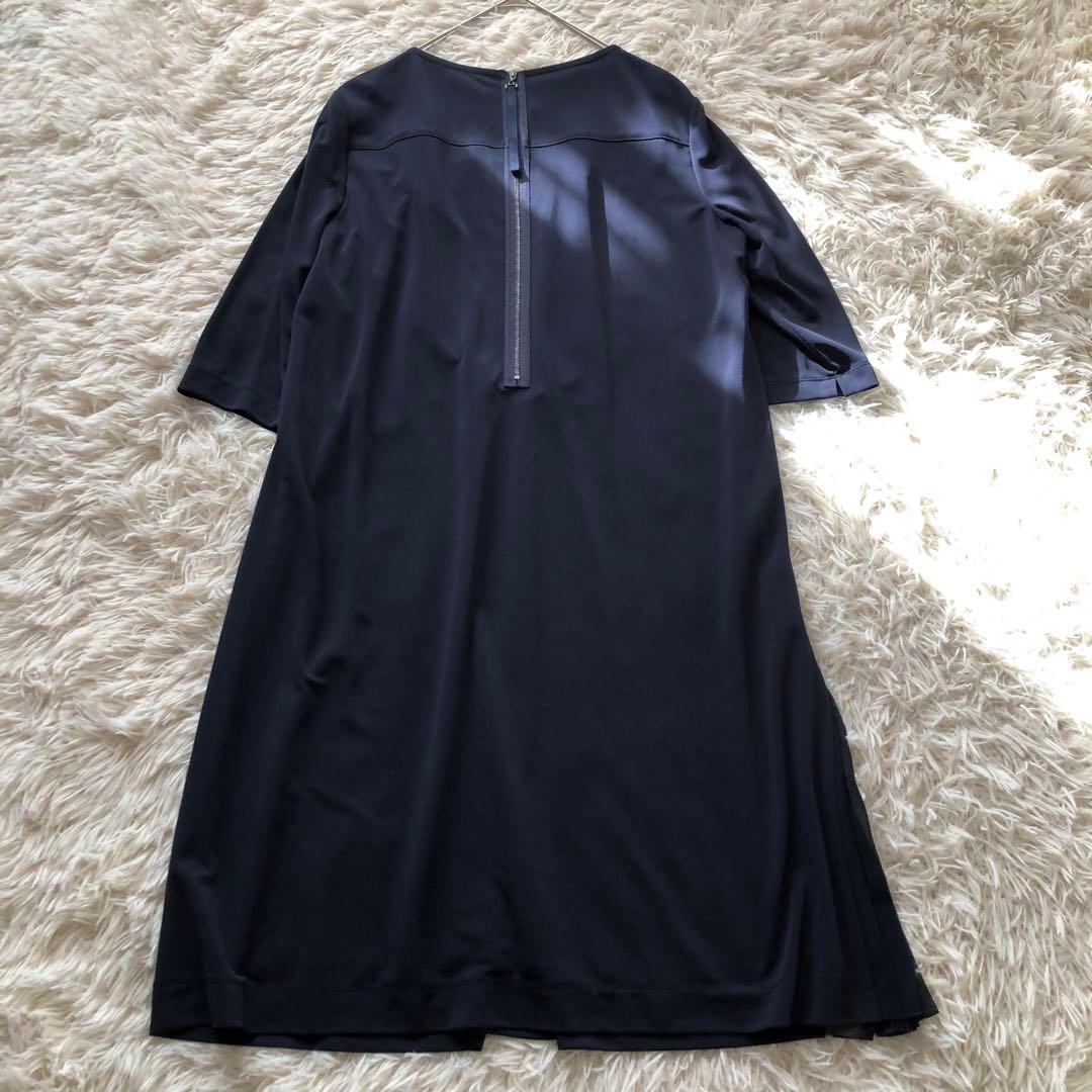 極美品✨レリアン【13+】七分袖サイドプリーツロングワンピース 近年ロゴ　紺