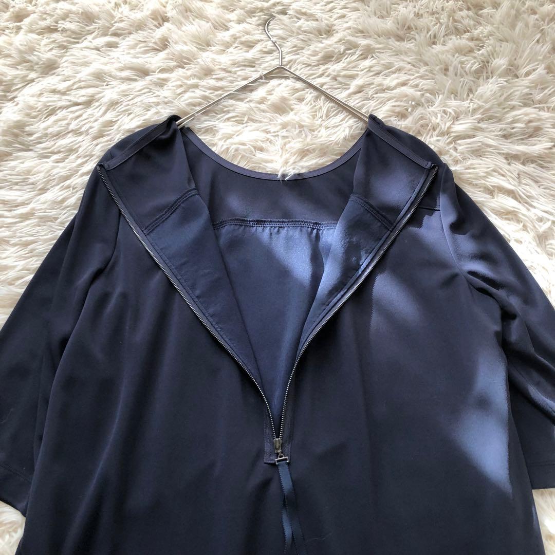 極美品✨レリアン【13+】七分袖サイドプリーツロングワンピース 近年ロゴ　紺