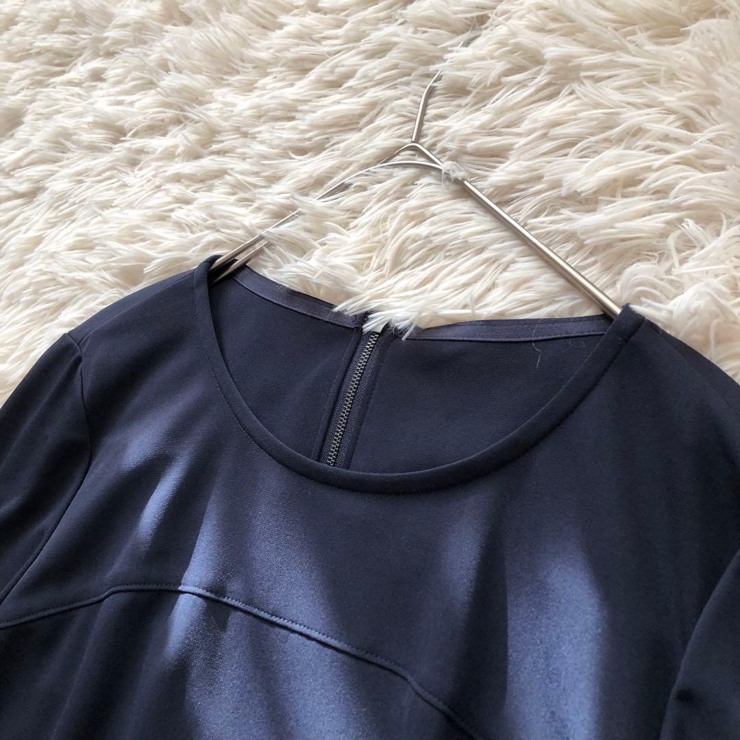 極美品✨レリアン【13+】七分袖サイドプリーツロングワンピース 近年ロゴ　紺