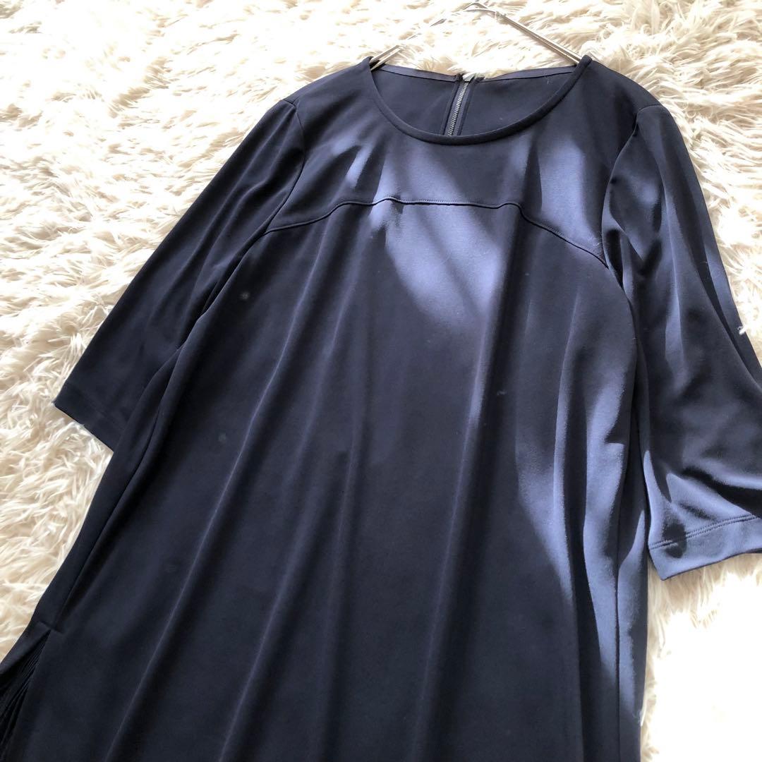 極美品✨レリアン【13+】七分袖サイドプリーツロングワンピース 近年ロゴ　紺