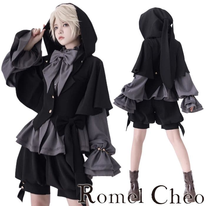 【RomelCheo】 ダークキュート うさ耳 フードジャケット ショート丈