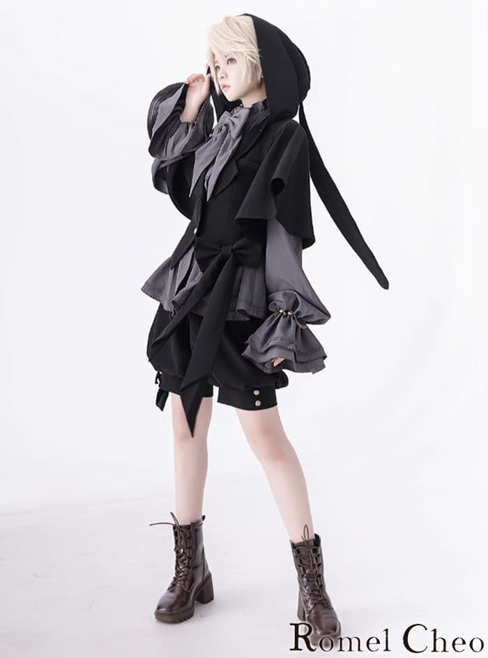 【RomelCheo】 ダークキュート うさ耳 フードジャケット ショート丈