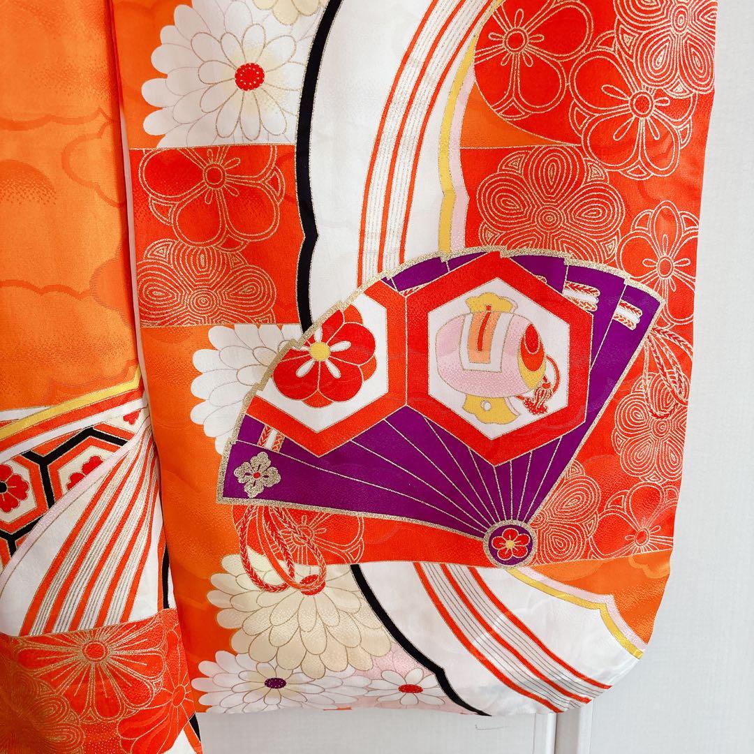 七五三　7歳　四つ身　子供着物　作り帯　女の子　長襦袢　フルセット　オレンジ