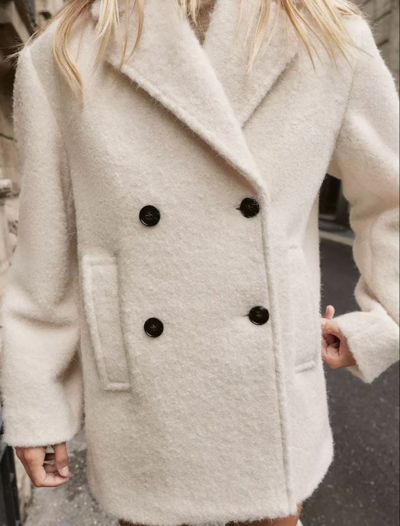 ZARA ブークレダブルブレストミディ丈コート エクリュ ザラ アウター コート