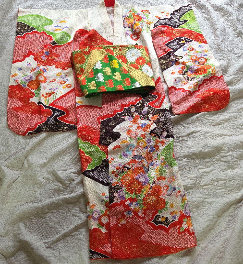 花柄着物と緑色の帯セット☆七五三☆7歳