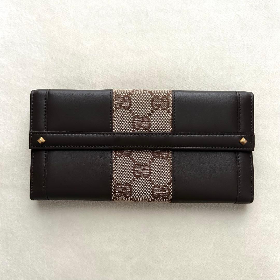 美品 GUCCI グッチ 長財布 レザー GGキャンバス ブラウン