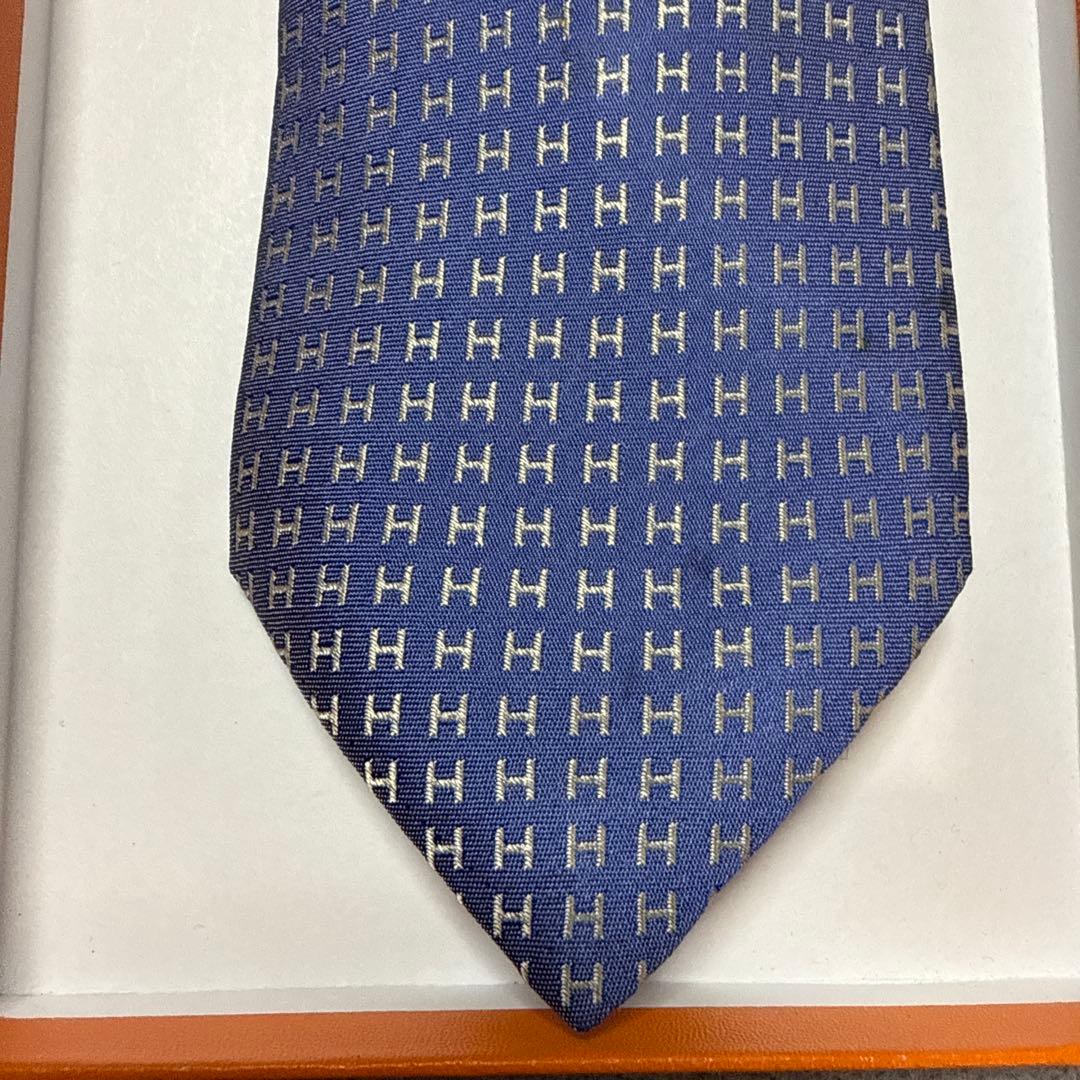 エルメス　ネクタイ　紺青　H柄H織ファソネ