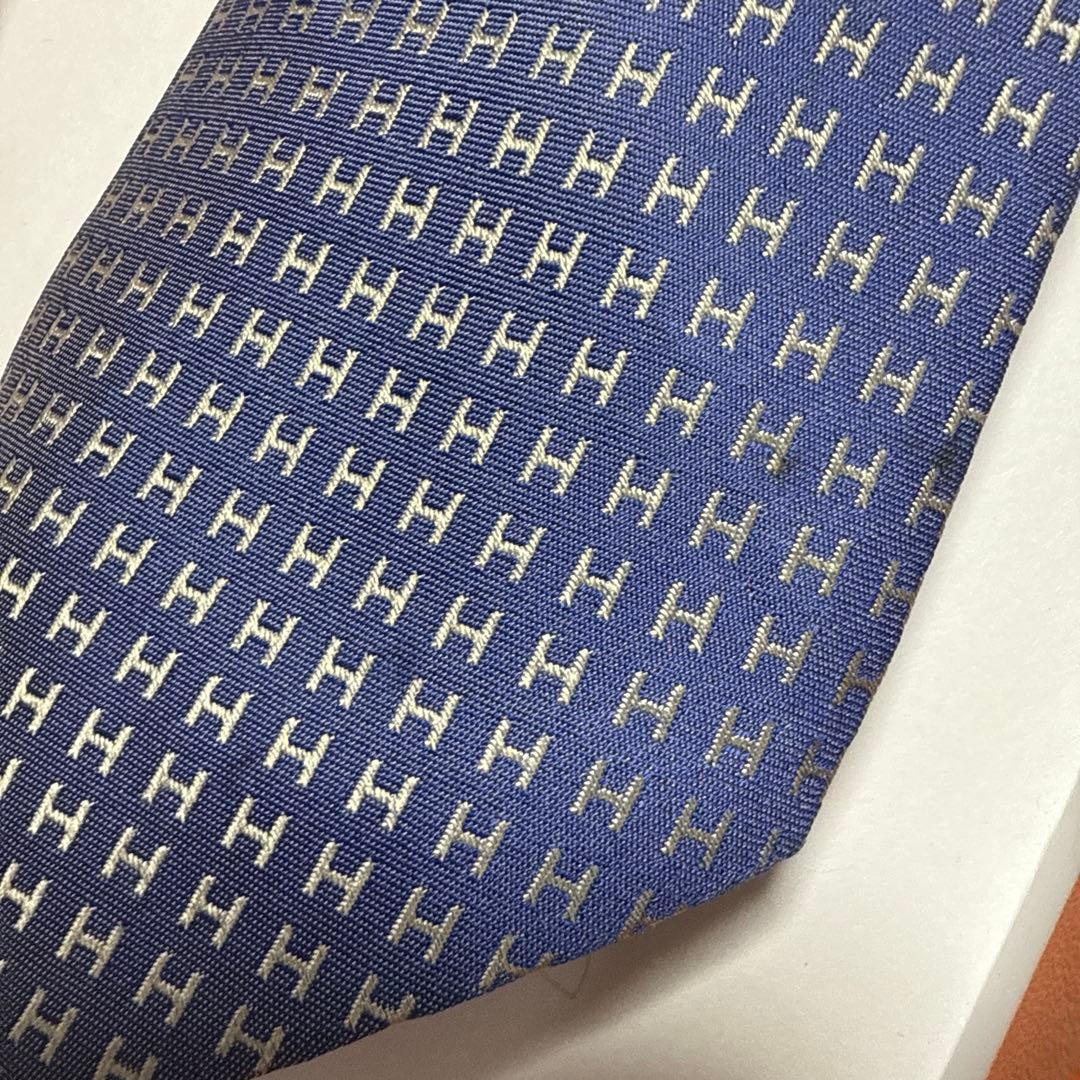 エルメス　ネクタイ　紺青　H柄H織ファソネ
