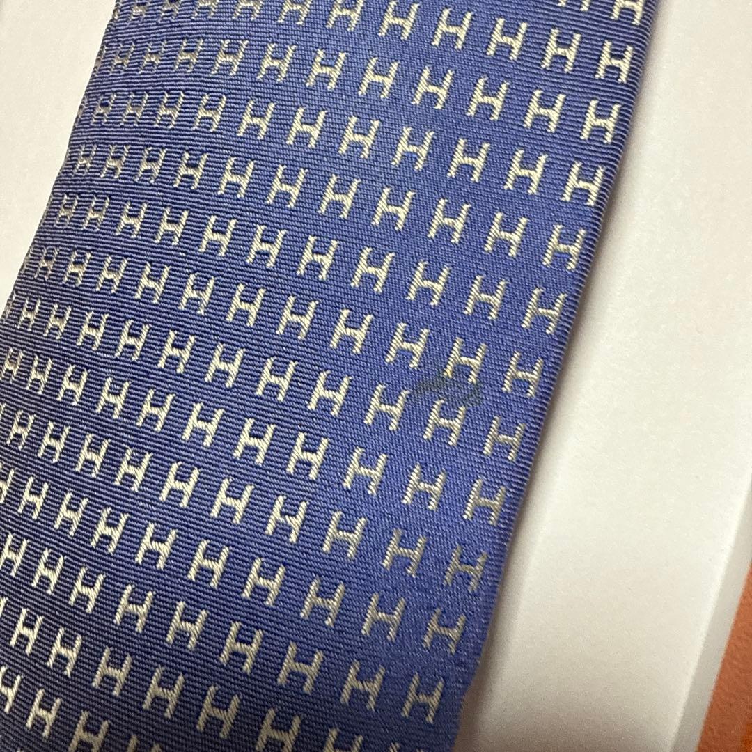 エルメス　ネクタイ　紺青　H柄H織ファソネ