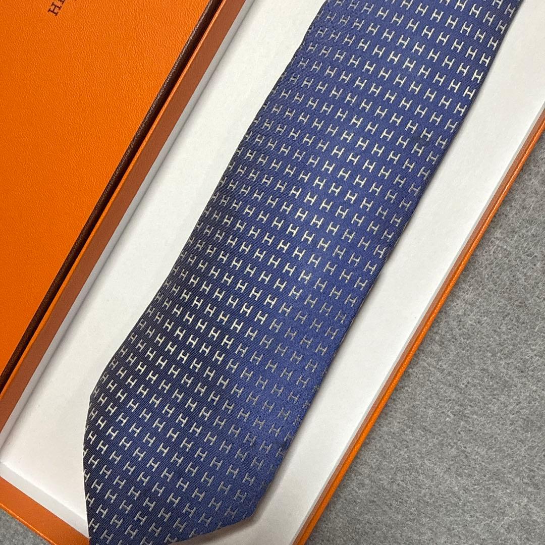 エルメス　ネクタイ　紺青　H柄H織ファソネ