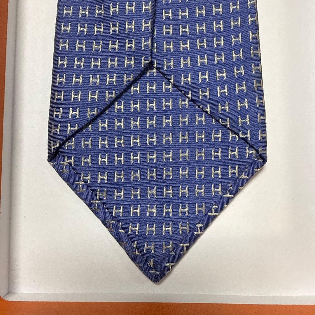 エルメス　ネクタイ　紺青　H柄H織ファソネ