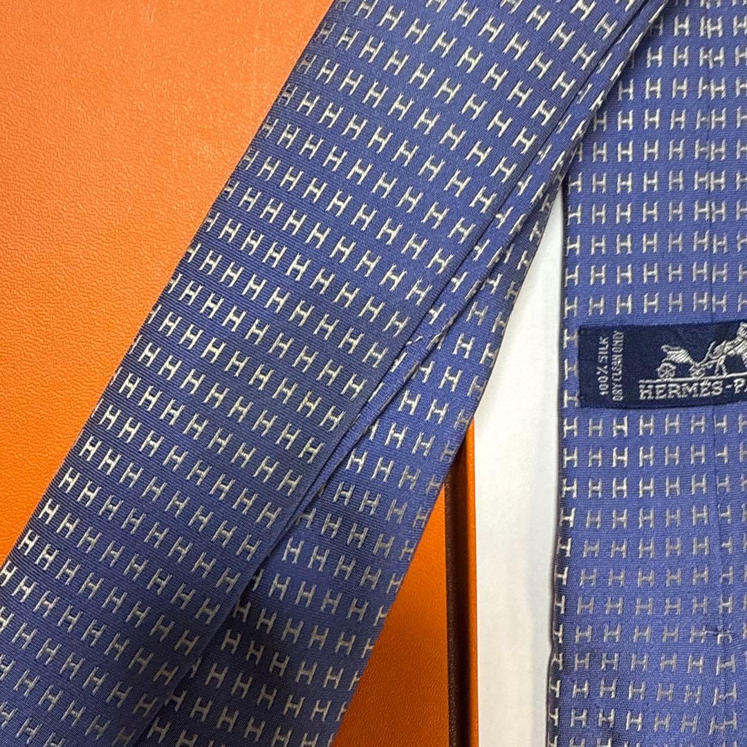 エルメス　ネクタイ　紺青　H柄H織ファソネ