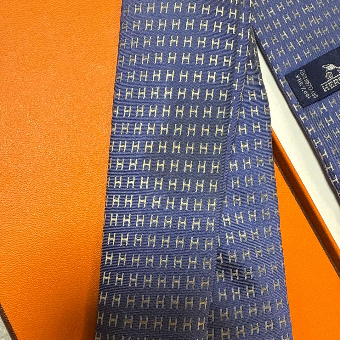 エルメス　ネクタイ　紺青　H柄H織ファソネ