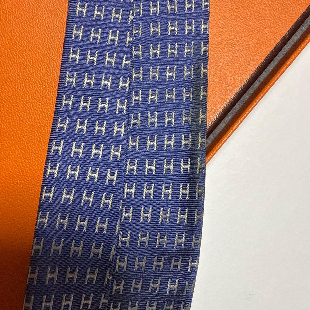 エルメス　ネクタイ　紺青　H柄H織ファソネ