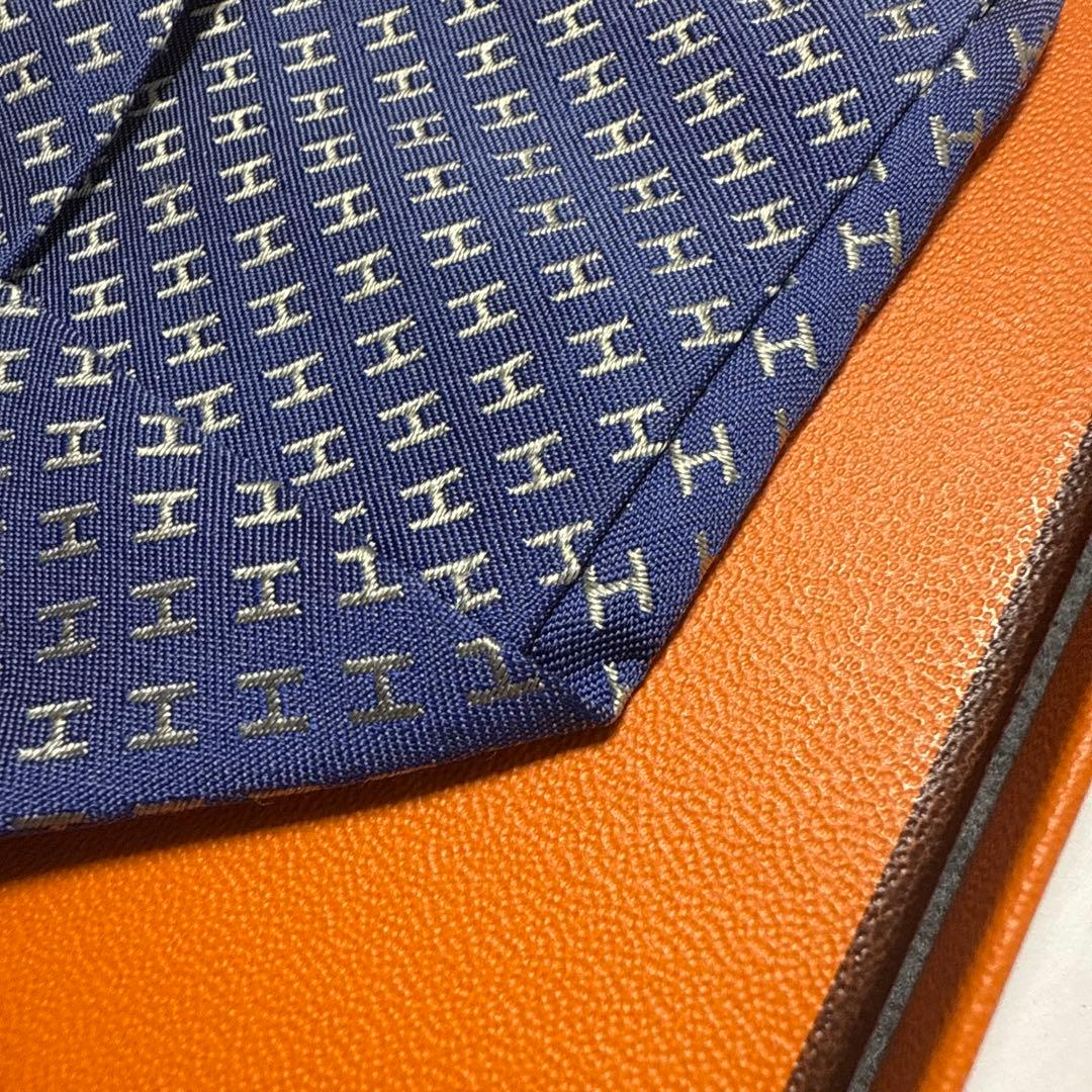 エルメス　ネクタイ　紺青　H柄H織ファソネ