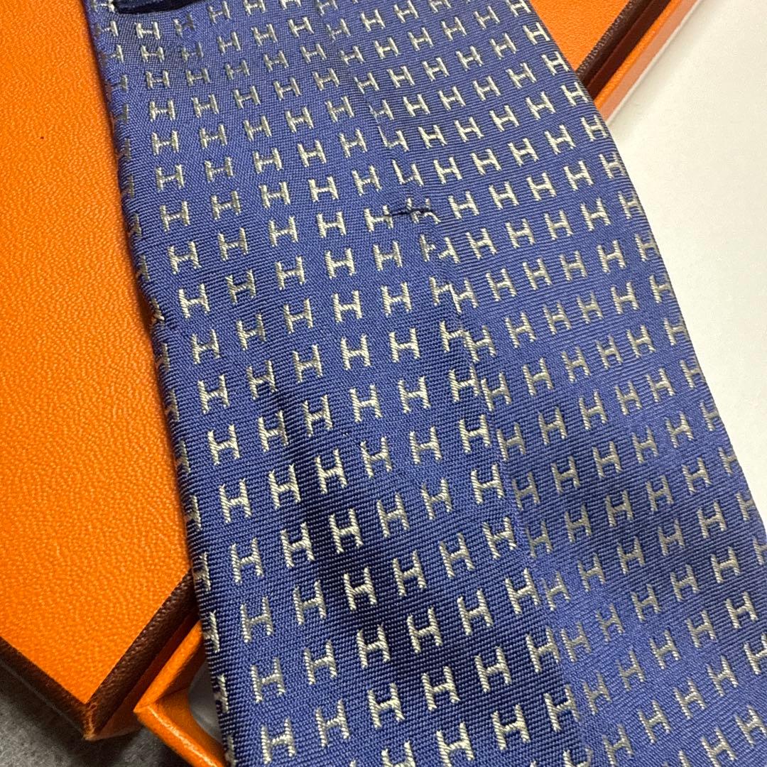 エルメス　ネクタイ　紺青　H柄H織ファソネ