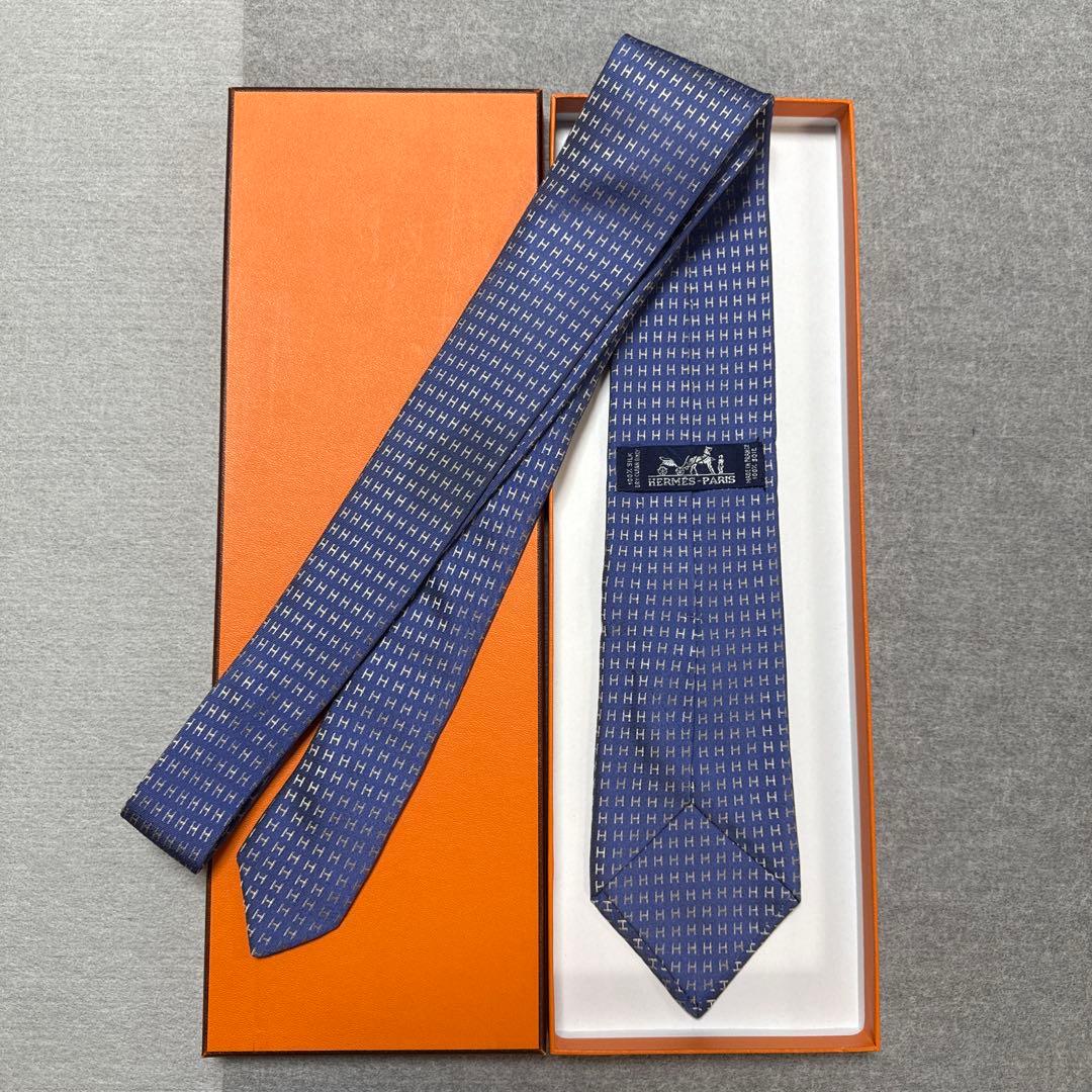 エルメス　ネクタイ　紺青　H柄H織ファソネ