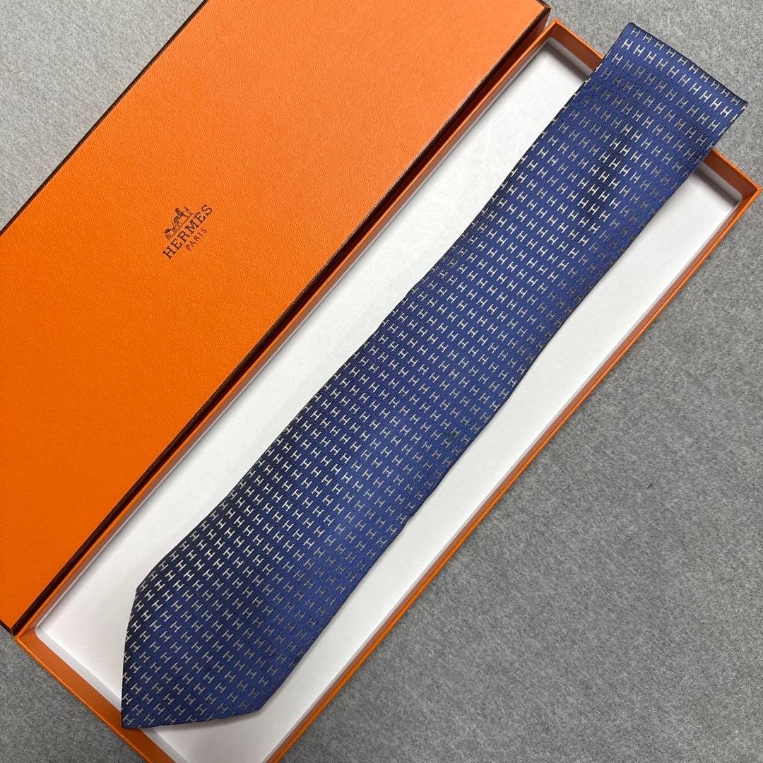 エルメス　ネクタイ　紺青　H柄H織ファソネ