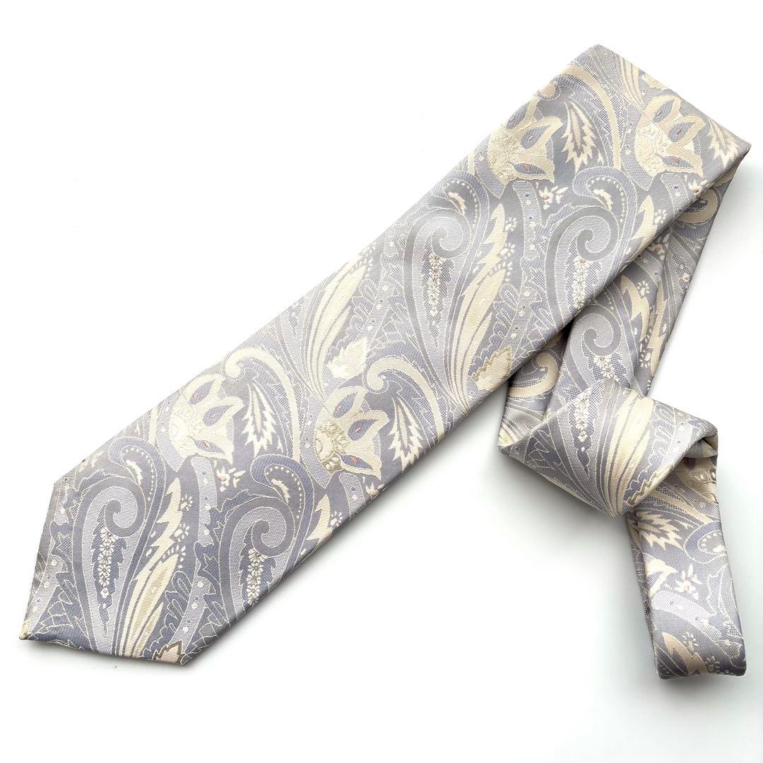 ꧁美品꧂ バーバリーブラックレーベル ネクタイ ペイズリー 花柄 シルバー 光沢