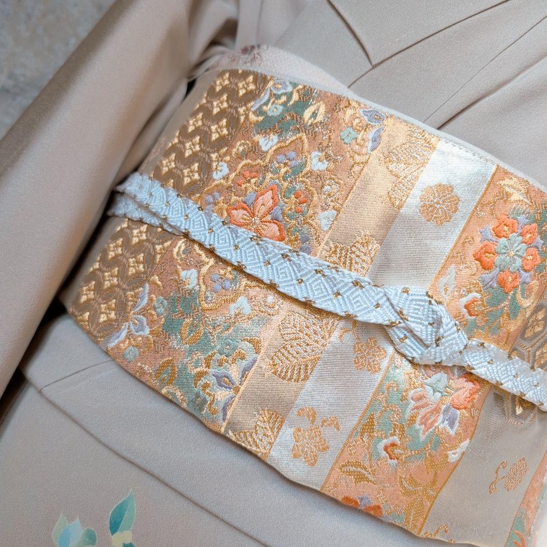 訪問着　フルセット　着物　正絹　加賀友禅　虫食い　淡いベージュ　枝葉　落款O2