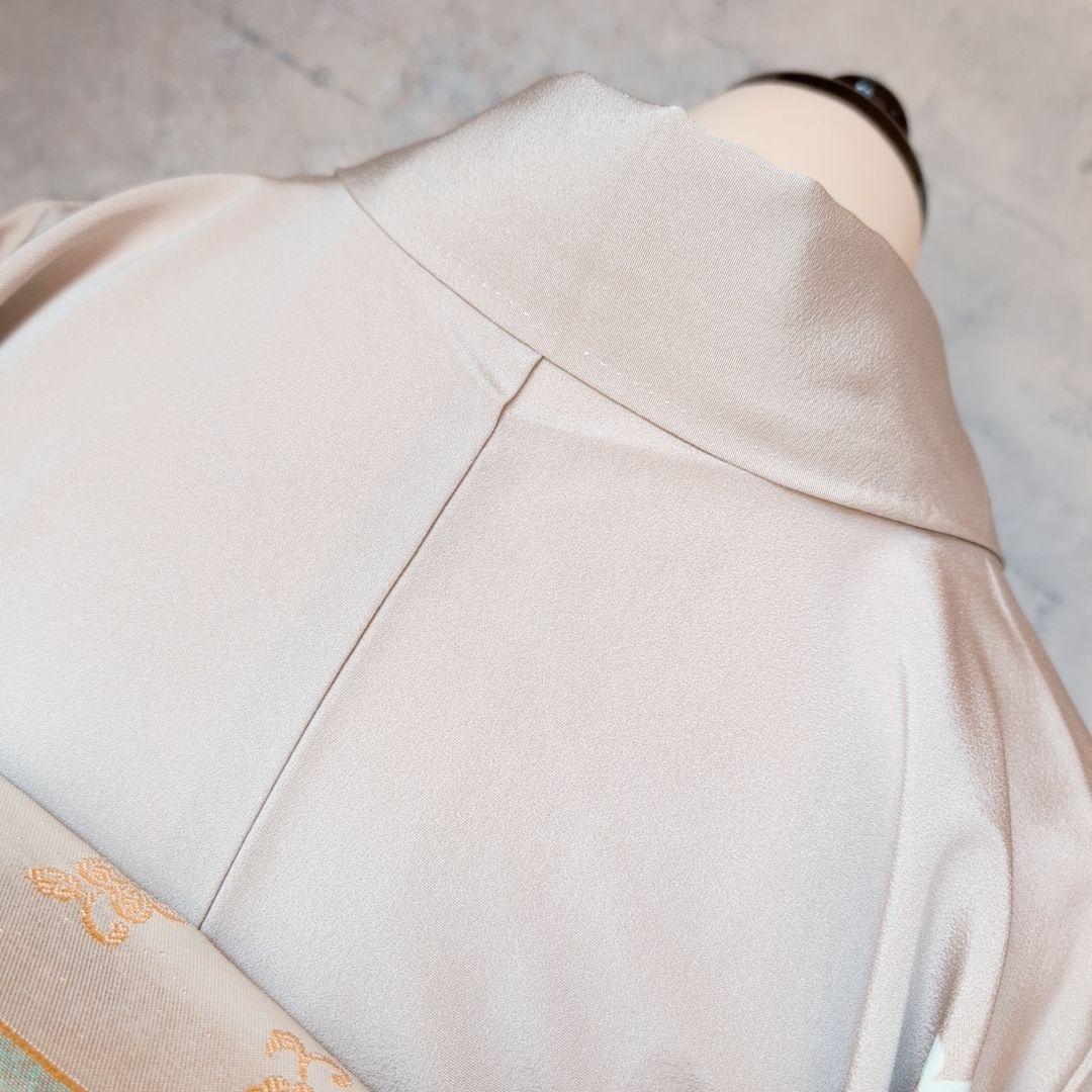 訪問着　フルセット　着物　正絹　加賀友禅　虫食い　淡いベージュ　枝葉　落款O2