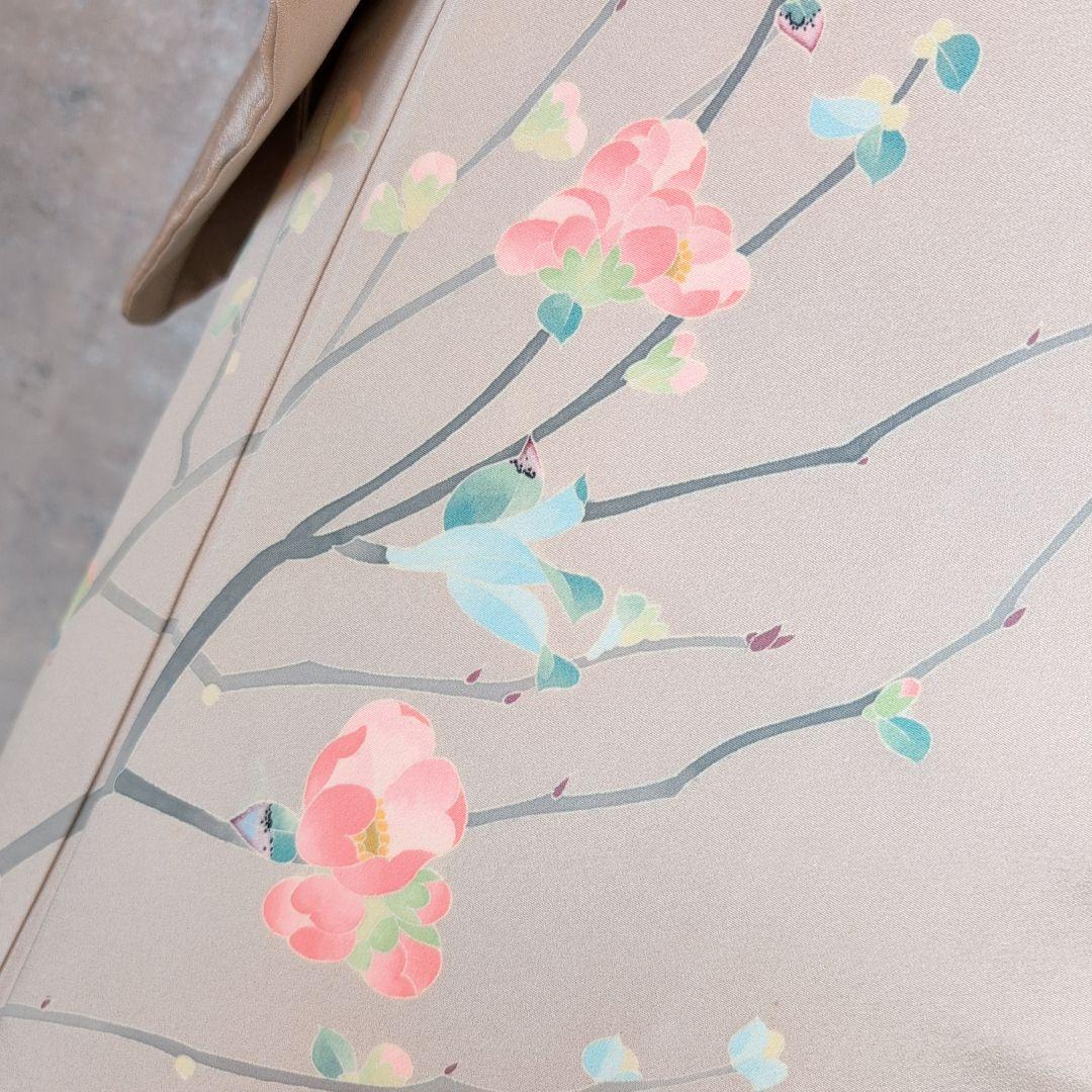 訪問着　フルセット　着物　正絹　加賀友禅　虫食い　淡いベージュ　枝葉　落款O2