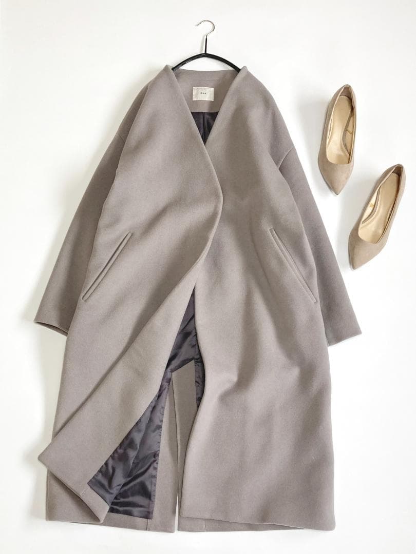 美品IENAイエナきれい色ゆったりシルエットMANTECOノーカラーコート♪.