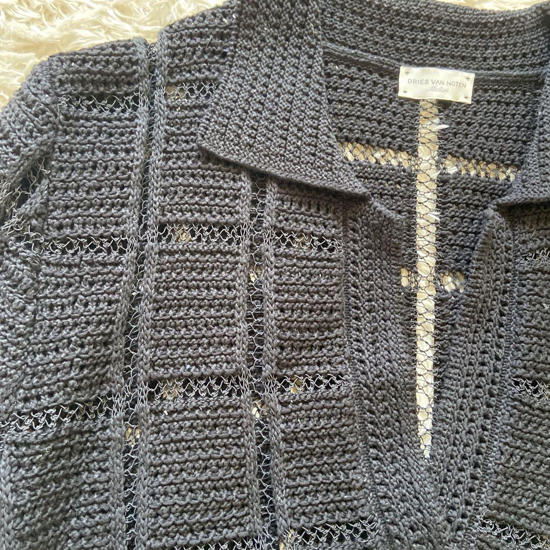 美品　ドリスヴァンノッテン　透かし編みニットポロシャツ　ブラック　M位