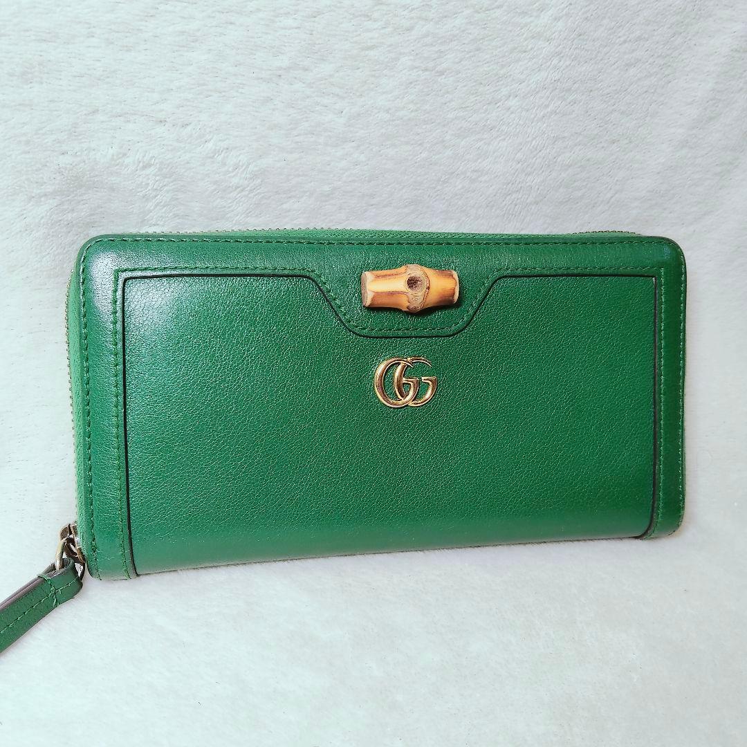 美品 付属付き 希少 グッチ 長財布 GG マーモント バンブー 緑