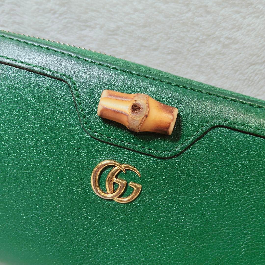 美品 付属付き 希少 グッチ 長財布 GG マーモント バンブー 緑