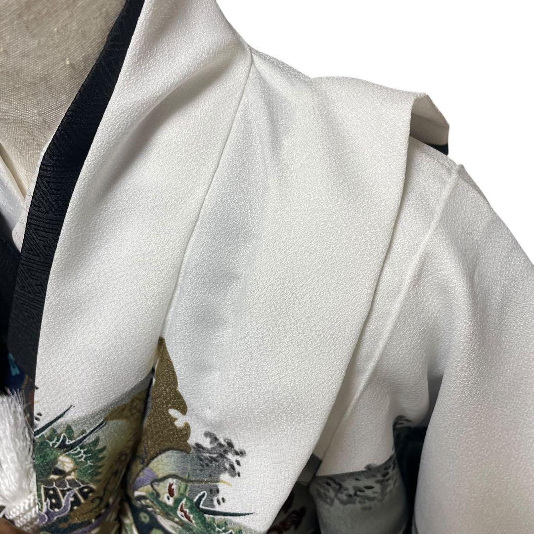 七五三 三歳 五歳 男の子 着物　袴　白　鷹　虎　富士山　金たたき　鶴