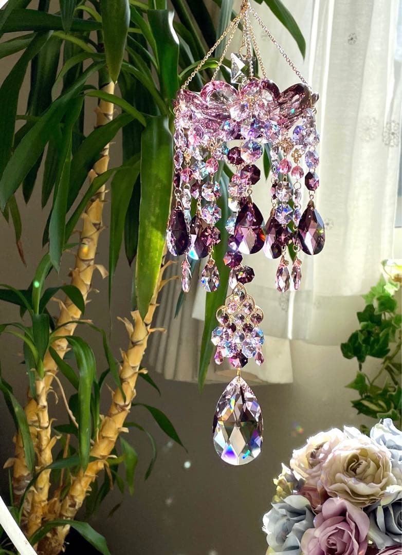 サンキャッチャー スワロフスキー シャンデリア皿110mm アンティークピンク