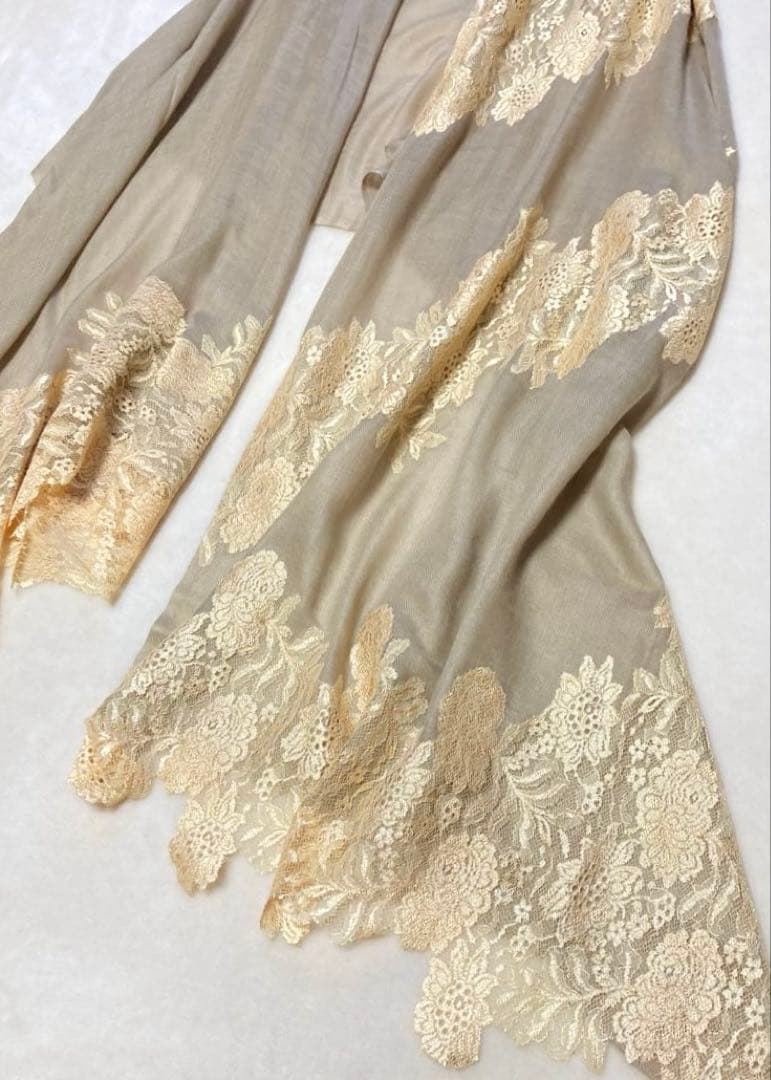 ヴィンテージシェイズ 高級レース付ストール シルク&ウール 異素材デザイン