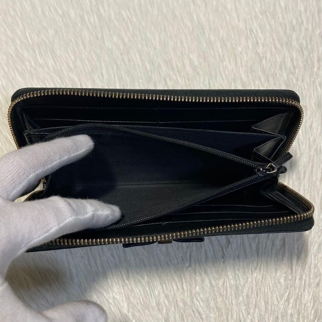 最終価格　美品　GUCCI グッチ　長財布　ラウンド　シマレザー　リボン　黒