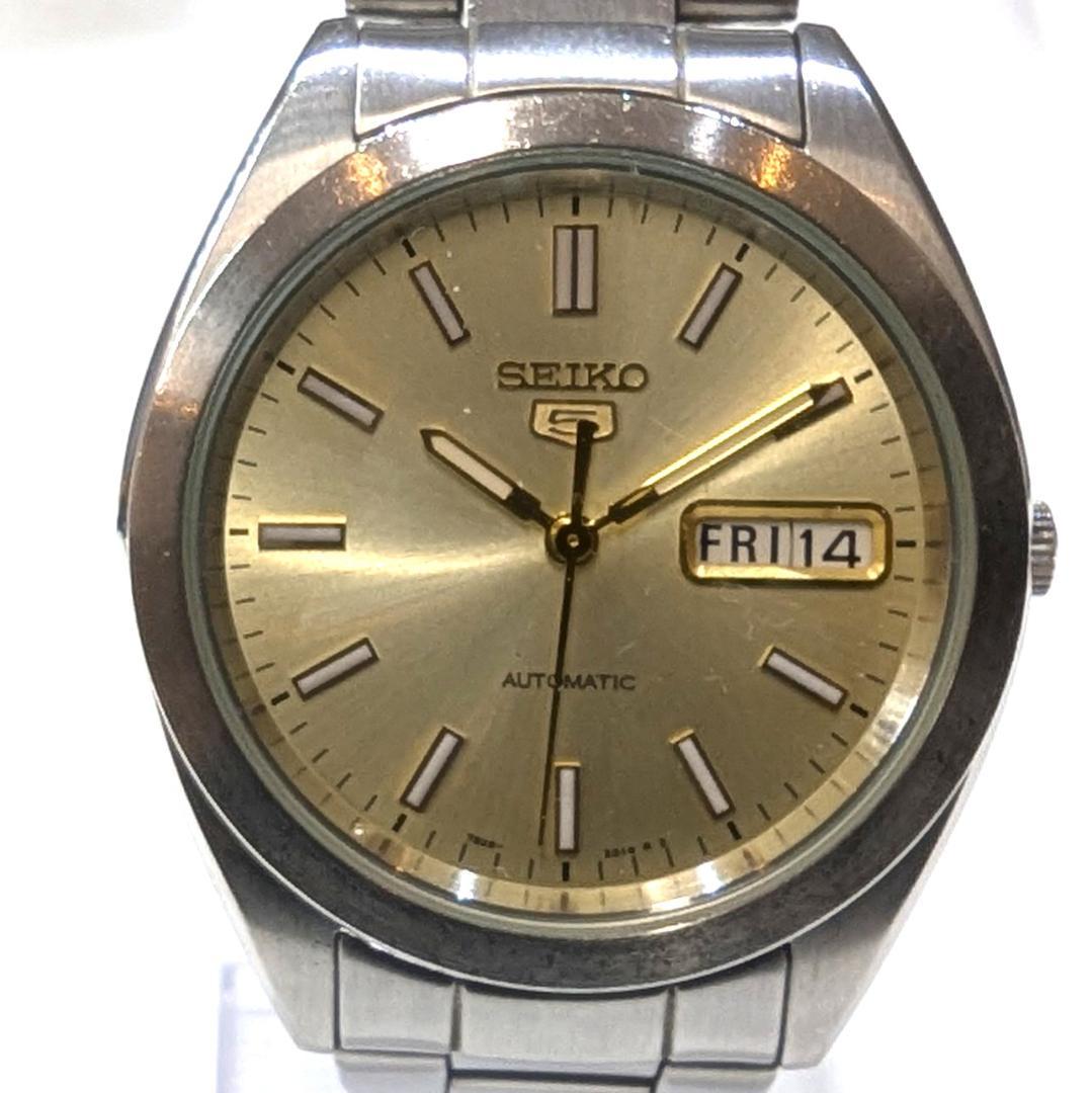 SEIKO 5 自動巻き腕時計 メンズ 稼働品 ゴールド文字盤 デイデイト