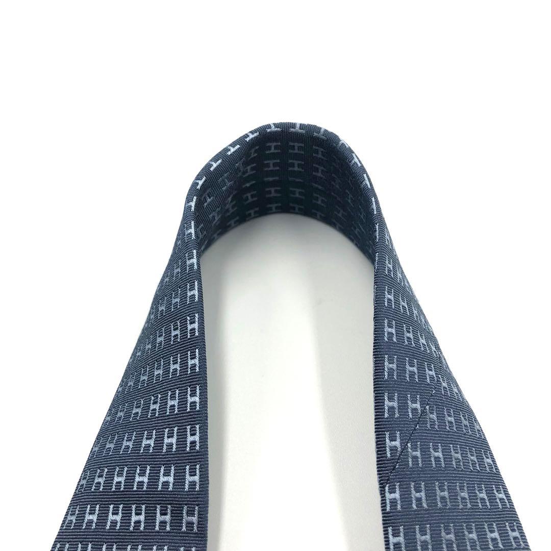 【美品】HERMES ネクタイ ファソネ H織 H柄 ブルーグレー