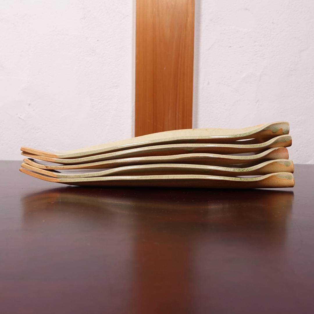 伊賀の名工 谷本光生 三田窯 伊賀葉皿 5客 共箱 長皿 先付 向付