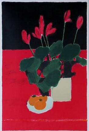Mamama★カトラン★赤いテーブルの上のシクラメンと柿★リトグラフ★美品