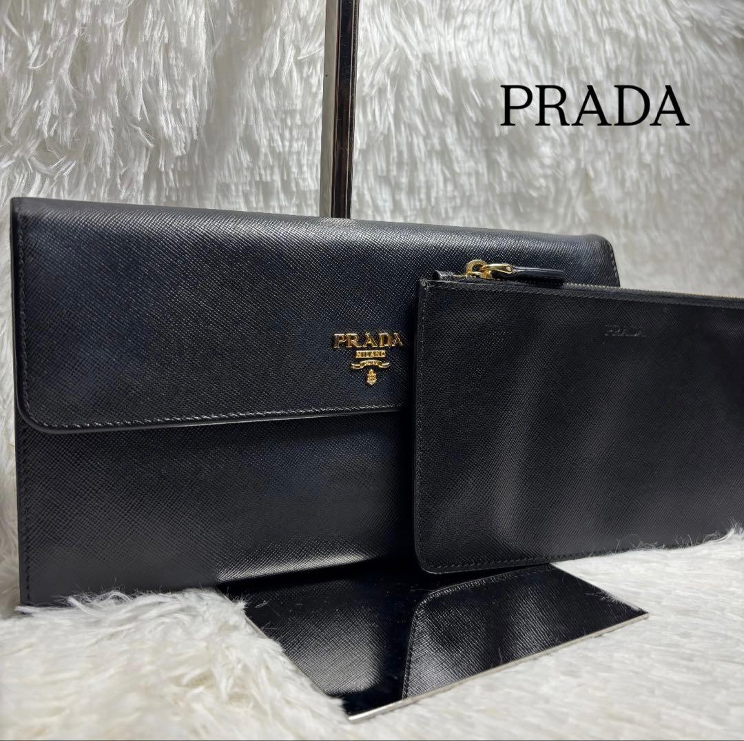 ✨美品✨ プラダ ロングウォレット 金ロゴ ポーチ クラッチバック レザー 黒